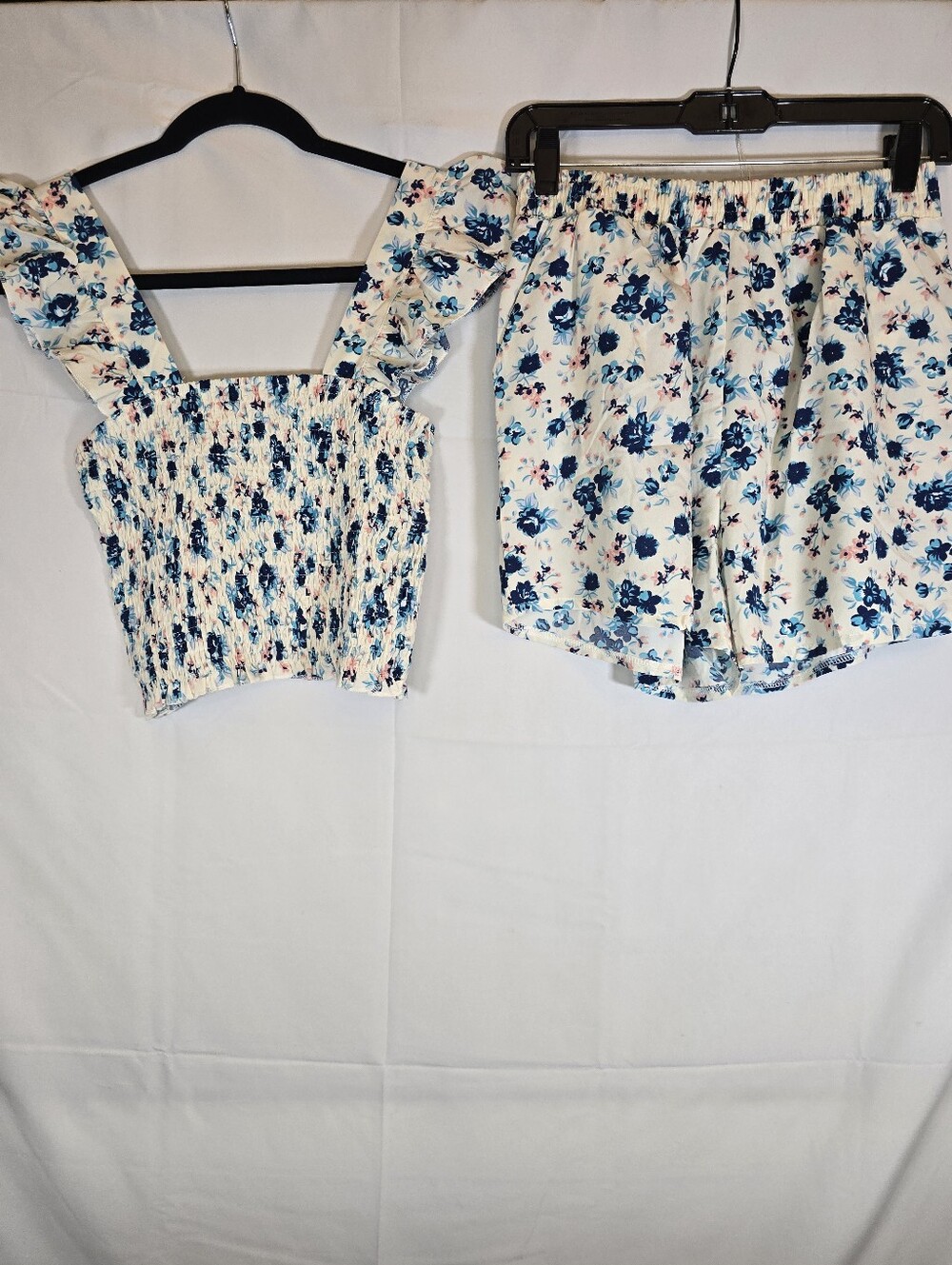 White & Blue Floral Ruffle Smocked Crop Top and Shorts Set
